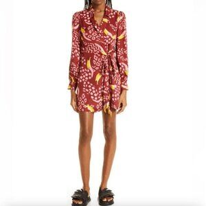 NWOT Farm Rio Sz XS Toucanissimo Long Sleeve Novelty Print Wrap Dress Burgundy